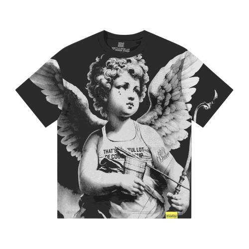 Sketch Cupid Angel Tattoo Detail Front Gothic Stacked Cursive Slogan Back Tee 4 colors 29290017