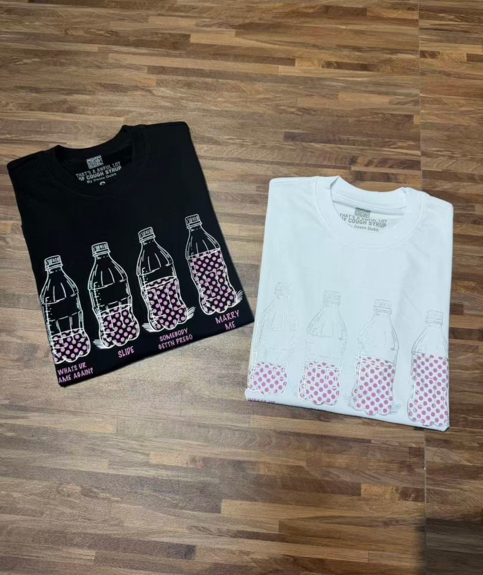 Four Outline Syrup Bottles Pink Polka Dot Liquid Level Front Half Pink Dot Filled Stacked Slogan Tee 2 colors 29290183