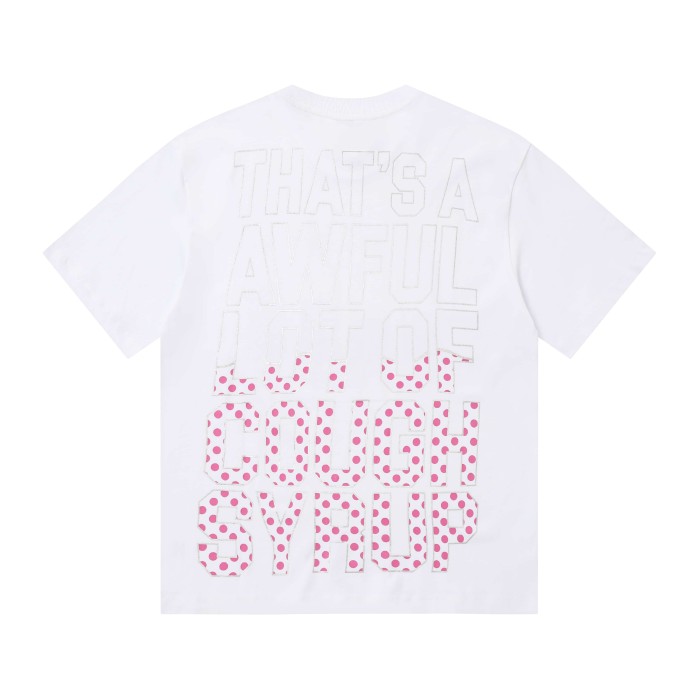 Four Outline Syrup Bottles Pink Polka Dot Liquid Level Front Half Pink Dot Filled Stacked Slogan Tee 2 colors 29290183
