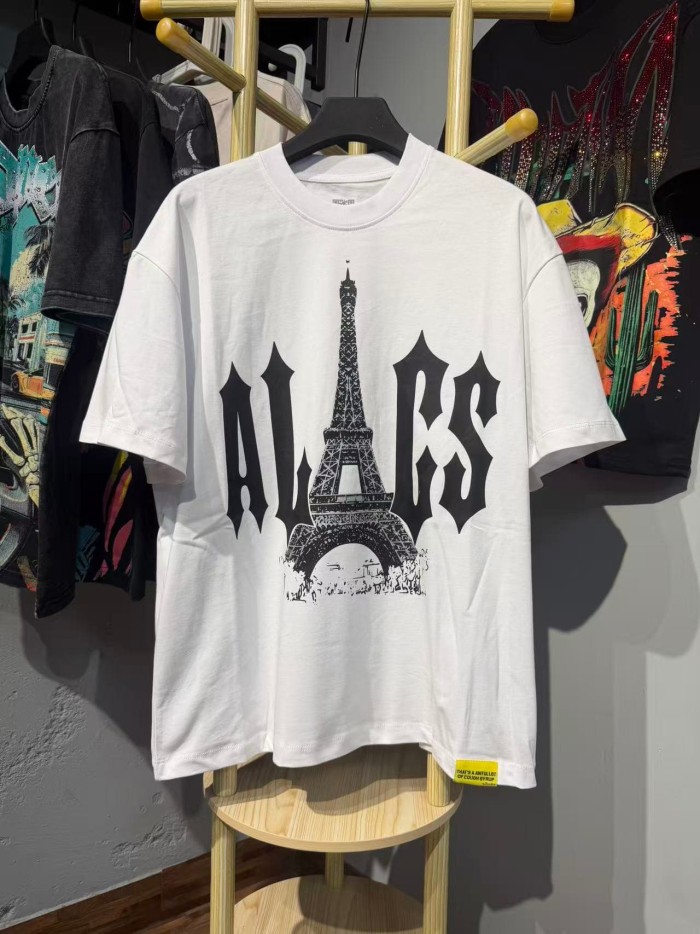 Sketch Texture Eiffel Tower ALCS Gothic Letter Front Embedded Tower Stacked Slogan Tee 2 colors 29290147