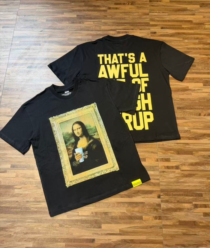 Framed Parody Mona Lisa Holding Syrup Cup Front Bold Gold Stacked Slogan Print Tee 2 colors 29290152