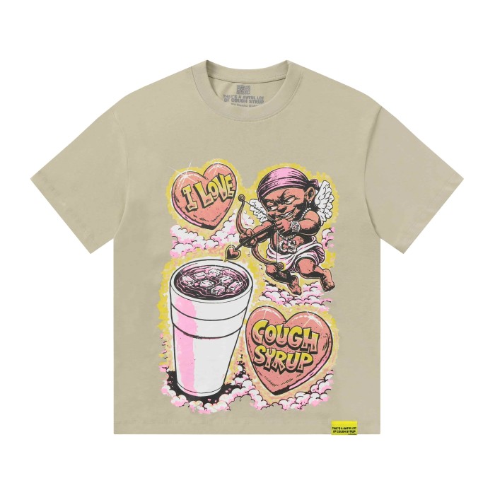 Comic Cupid Heart Element Front Back Drip Text Slogan Printed Tee 29290026