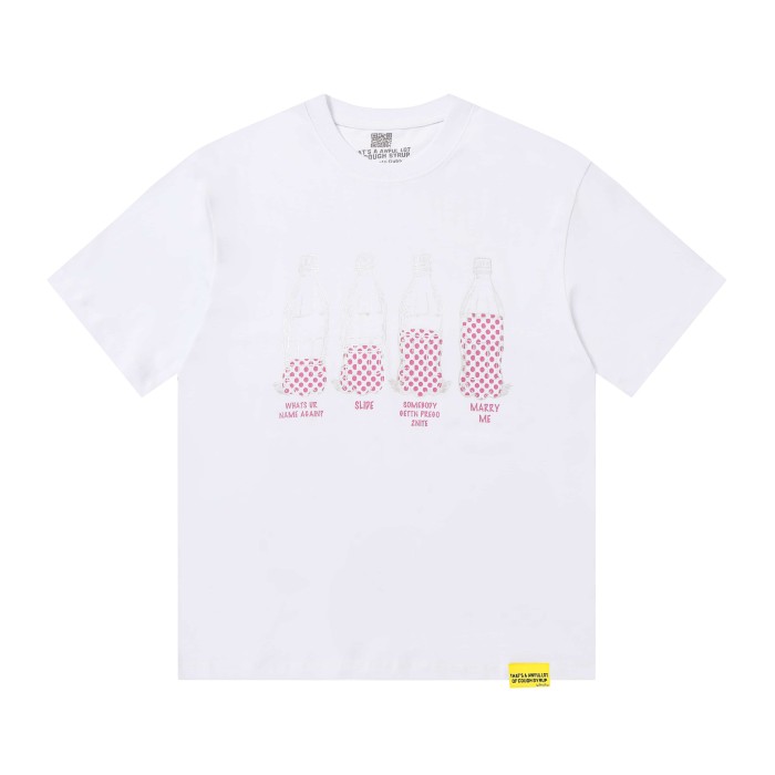 Four Outline Syrup Bottles Pink Polka Dot Liquid Level Front Half Pink Dot Filled Stacked Slogan Tee 2 colors 29290183