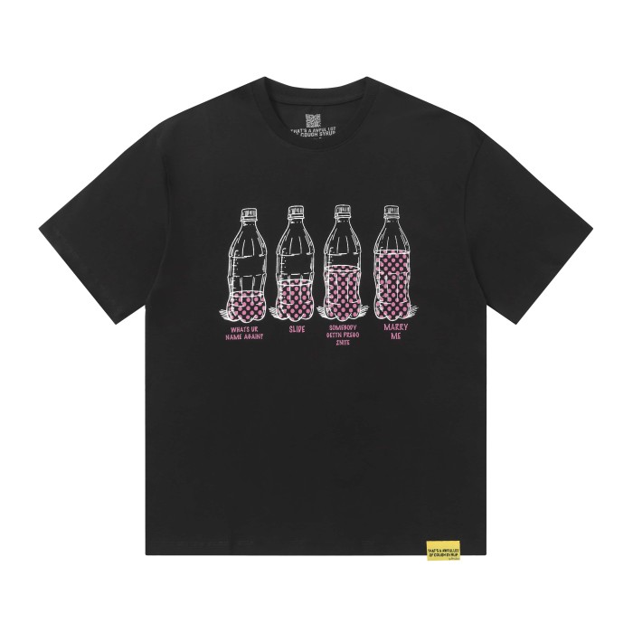 Four Outline Syrup Bottles Pink Polka Dot Liquid Level Front Half Pink Dot Filled Stacked Slogan Tee 2 colors 29290183