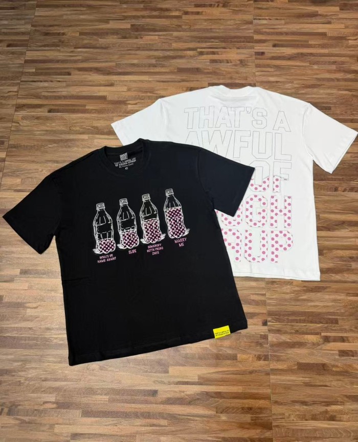 Four Outline Syrup Bottles Pink Polka Dot Liquid Level Front Half Pink Dot Filled Stacked Slogan Tee 2 colors 29290183