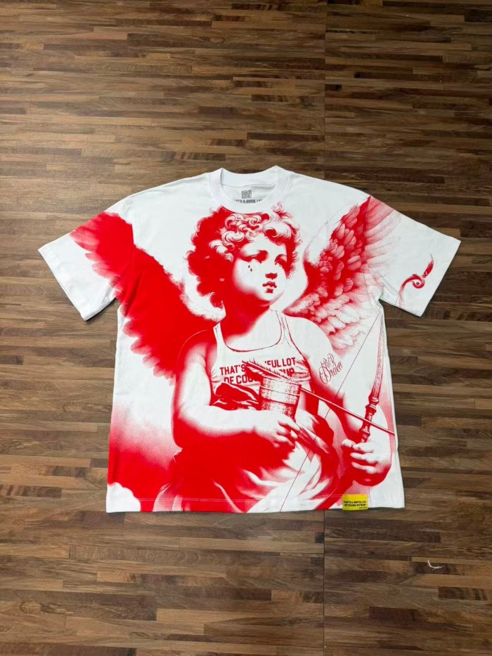 Sketch Cupid Angel Tattoo Detail Front Gothic Stacked Cursive Slogan Back Tee 4 colors 29290017
