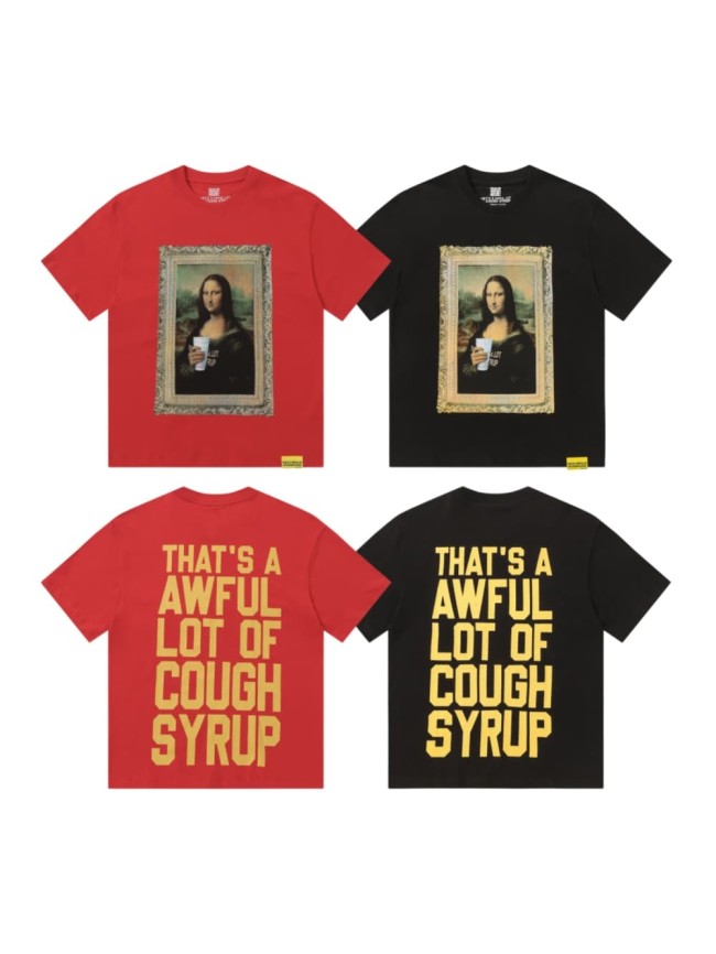 Framed Parody Mona Lisa Holding Syrup Cup Front Bold Gold Stacked Slogan Print Tee 2 colors 29290152