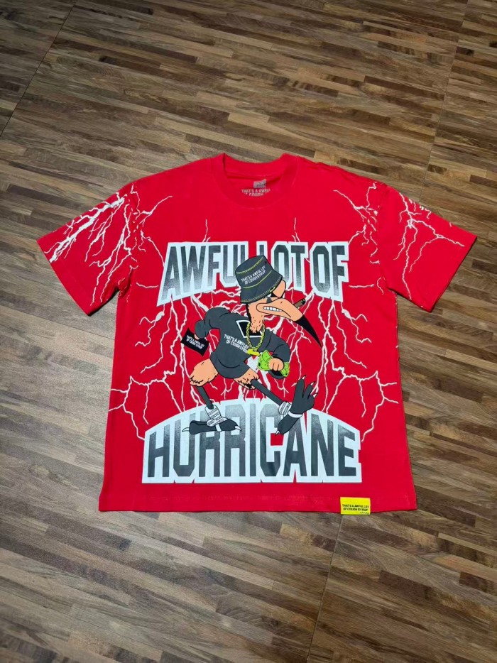 Full Sleeve White Lightning Hurricane Cartoon Bird Front Gradient Stacked Full Slogan Print Tee 2 colors 29290161