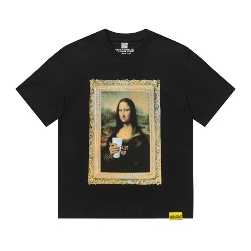 Framed Parody Mona Lisa Holding Syrup Cup Front Bold Gold Stacked Slogan Print Tee 2 colors 29290152