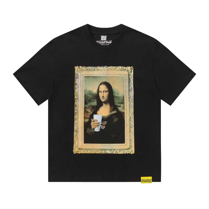 Framed Parody Mona Lisa Holding Syrup Cup Front Bold Gold Stacked Slogan Print Tee 2 colors 29290152