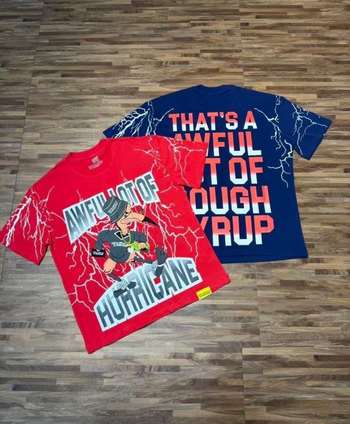 Full Sleeve White Lightning Hurricane Cartoon Bird Front Gradient Stacked Full Slogan Print Tee 2 colors 29290161