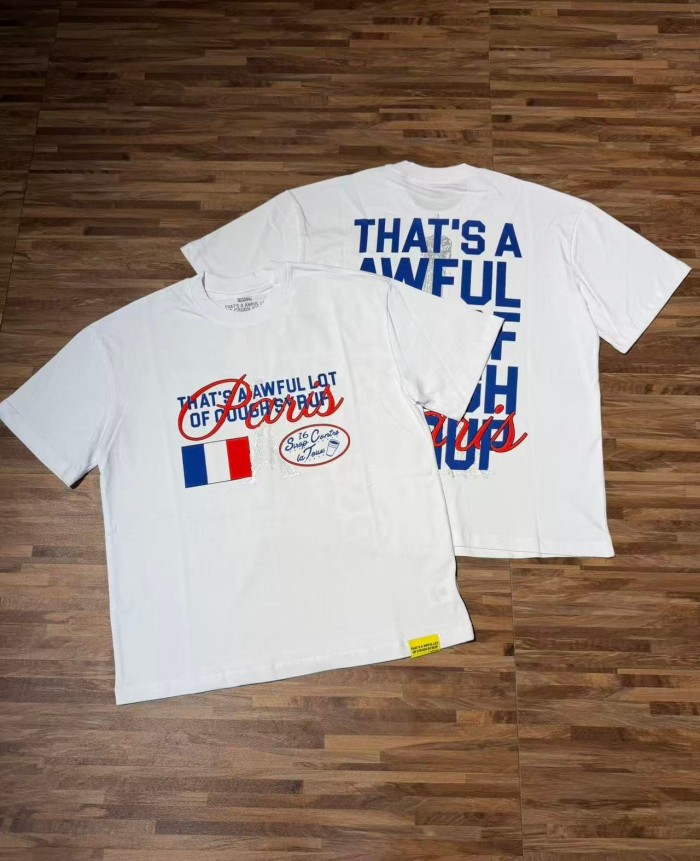Eiffel Tower France Flag Travel Stamp Graphic Front Large Bold Blue Stacked Letter Tee 2 colors 29290156