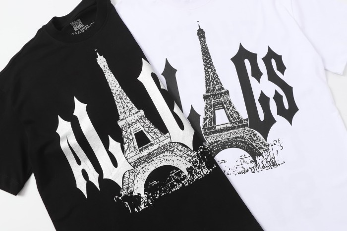 Sketch Texture Eiffel Tower ALCS Gothic Letter Front Embedded Tower Stacked Slogan Tee 2 colors 29290147