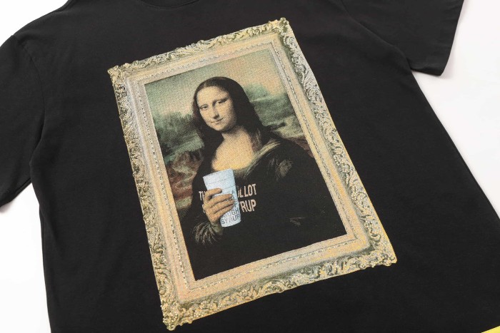 Framed Parody Mona Lisa Holding Syrup Cup Front Bold Gold Stacked Slogan Print Tee 2 colors 29290152