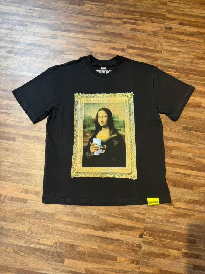 Framed Parody Mona Lisa Holding Syrup Cup Front Bold Gold Stacked Slogan Print Tee 2 colors 29290152
