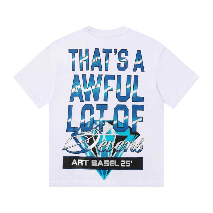 Art Basel 25 Limited Blue Water Wave Gradient Letter Diamond Sevens Back Script Overlay Text Tee 3 colors 29290138