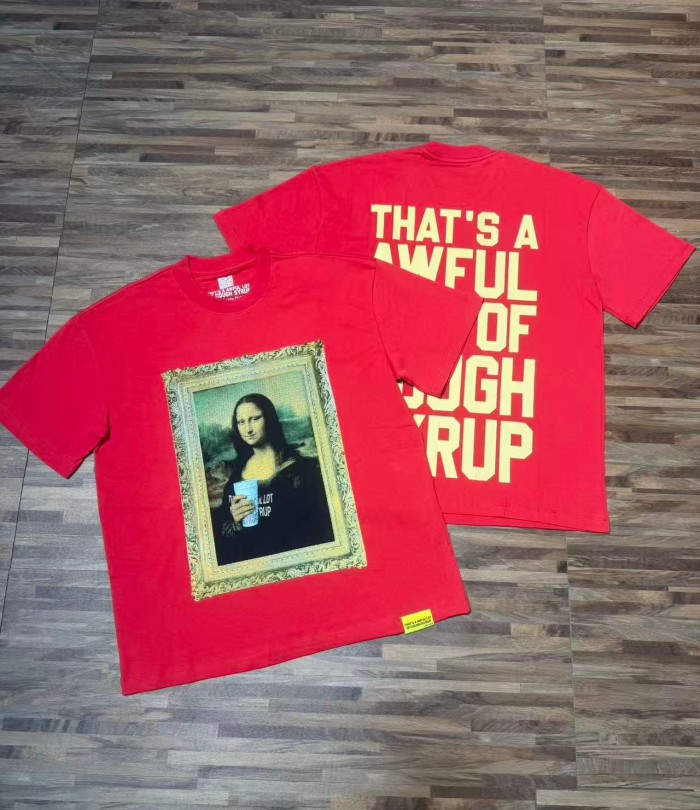 Framed Parody Mona Lisa Holding Syrup Cup Front Bold Gold Stacked Slogan Print Tee 2 colors 29290152