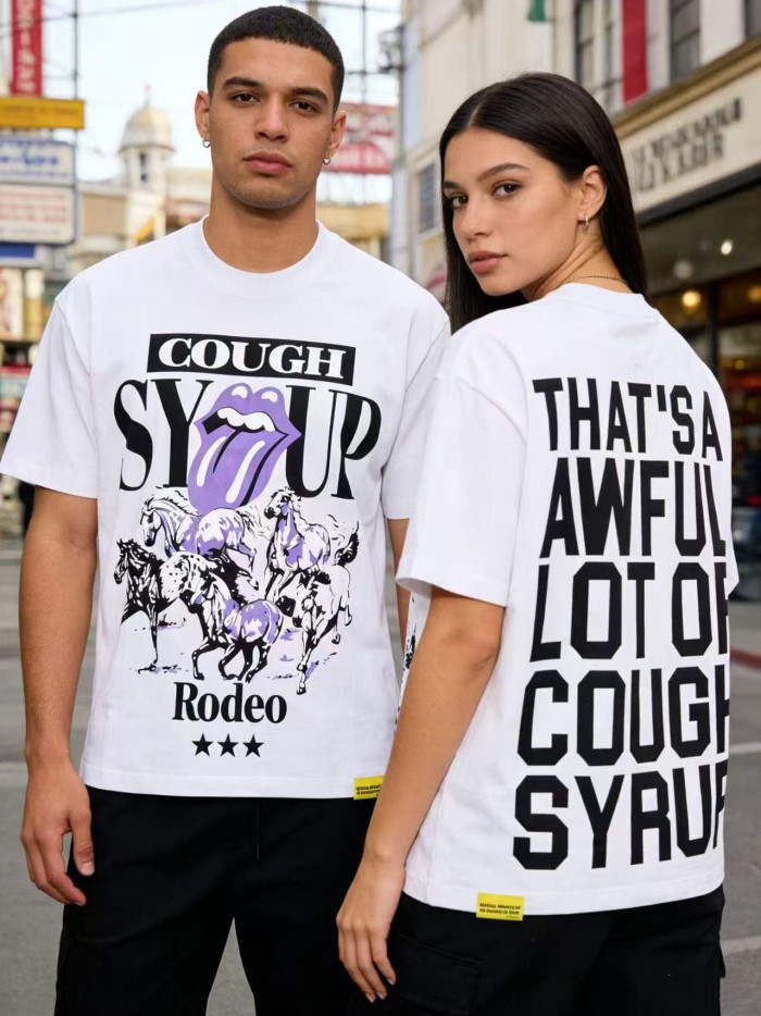 Running Horses Purple Tongue Split Letter Front Full Stacked Slogan Back Tee 2 colors 29290051