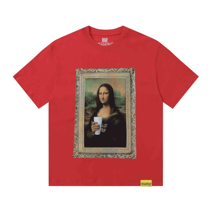 Framed Parody Mona Lisa Holding Syrup Cup Front Bold Gold Stacked Slogan Print Tee 2 colors 29290152