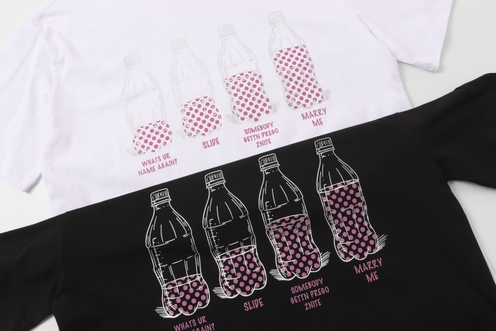 Four Outline Syrup Bottles Pink Polka Dot Liquid Level Front Half Pink Dot Filled Stacked Slogan Tee 2 colors 29290183