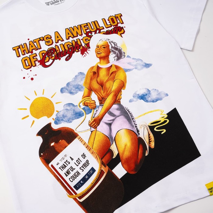 Pin-Up Lady Syrup Bottle Front Red Graffiti Overlay Stacked Letter Back Print Tee 29290078