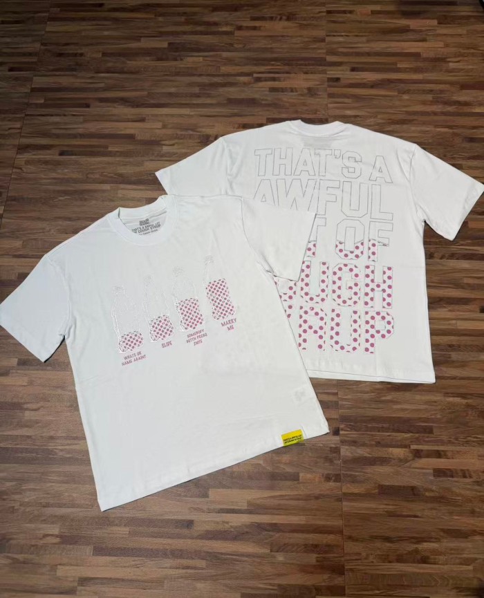Four Outline Syrup Bottles Pink Polka Dot Liquid Level Front Half Pink Dot Filled Stacked Slogan Tee 2 colors 29290183