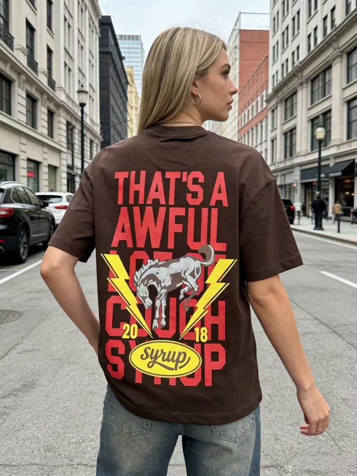 California Western Horseshoe Brand Text Front Bucking Bronco Lightning Stacked Slogan Printed Tee 29290068
