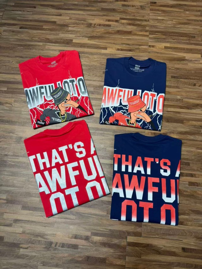 Full Sleeve White Lightning Hurricane Cartoon Bird Front Gradient Stacked Full Slogan Print Tee 2 colors 29290161