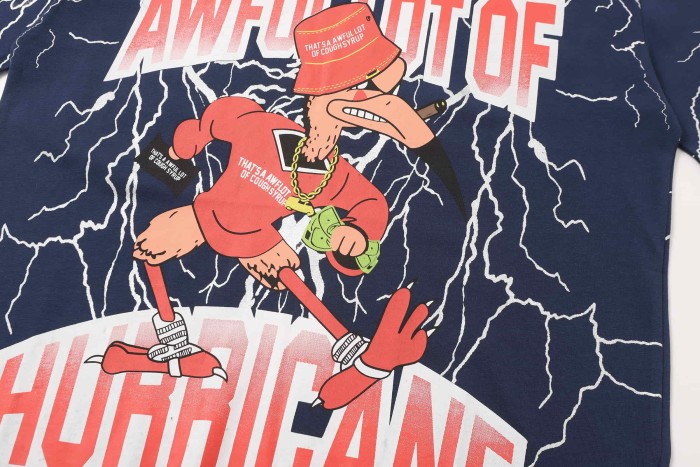 Full Sleeve White Lightning Hurricane Cartoon Bird Front Gradient Stacked Full Slogan Print Tee 2 colors 29290161