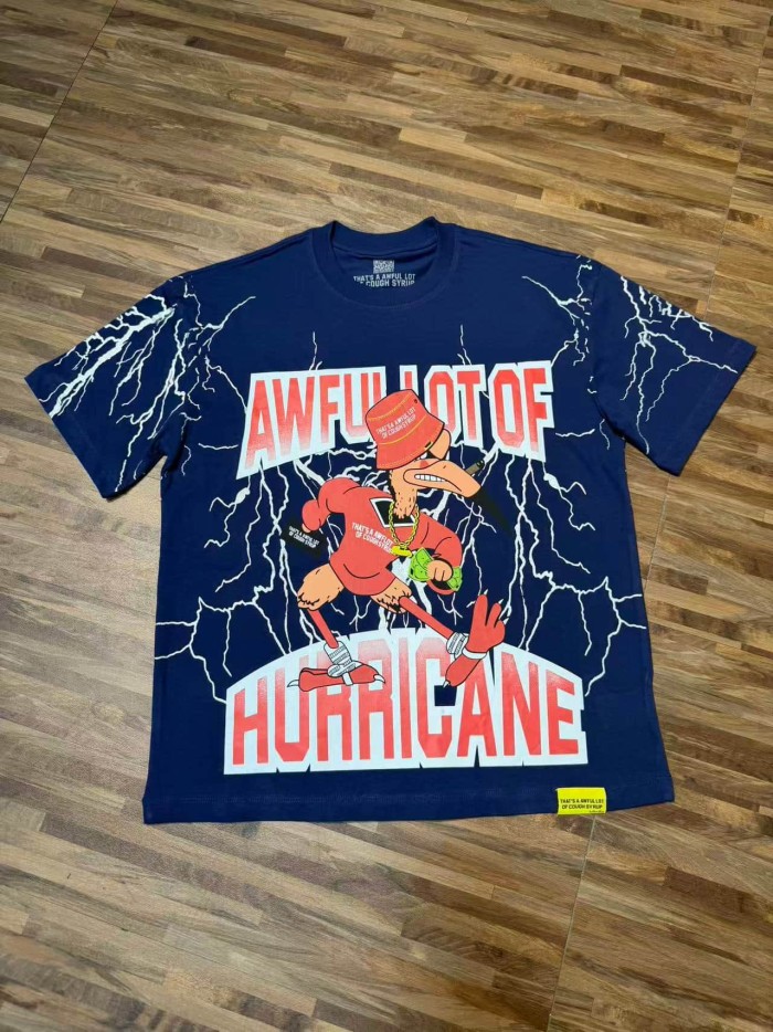 Full Sleeve White Lightning Hurricane Cartoon Bird Front Gradient Stacked Full Slogan Print Tee 2 colors 29290161