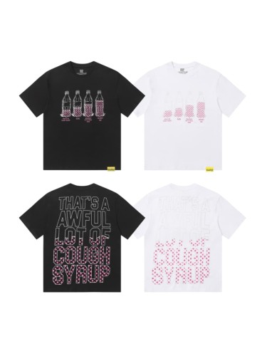 Four Outline Syrup Bottles Pink Polka Dot Liquid Level Front Half Pink Dot Filled Stacked Slogan Tee 2 colors 29290183