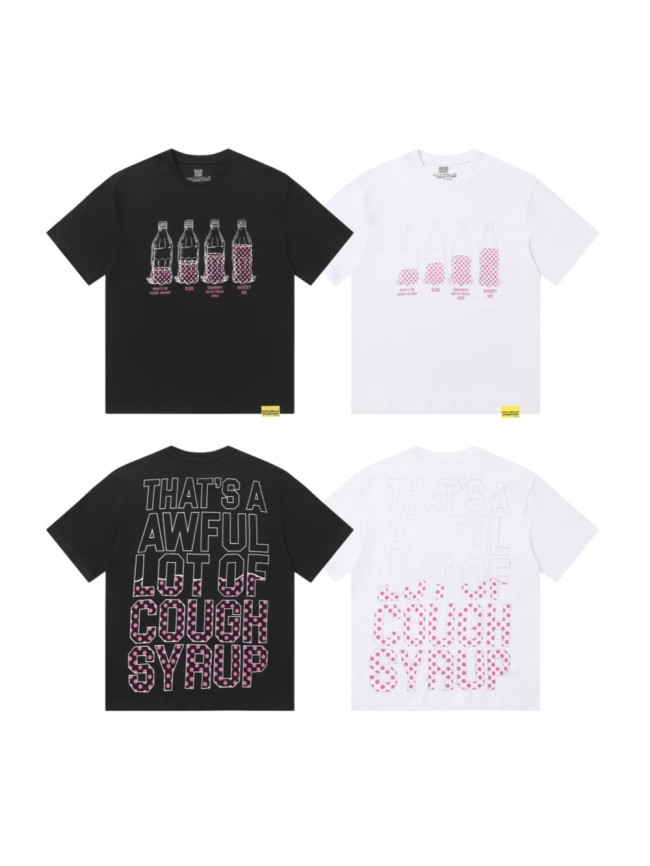 Four Outline Syrup Bottles Pink Polka Dot Liquid Level Front Half Pink Dot Filled Stacked Slogan Tee 2 colors 29290183