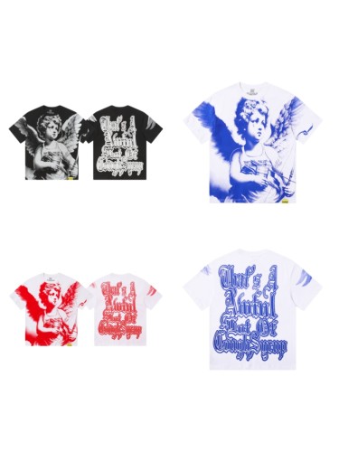 Sketch Cupid Angel Tattoo Detail Front Gothic Stacked Cursive Slogan Back Tee 4 colors 29290017