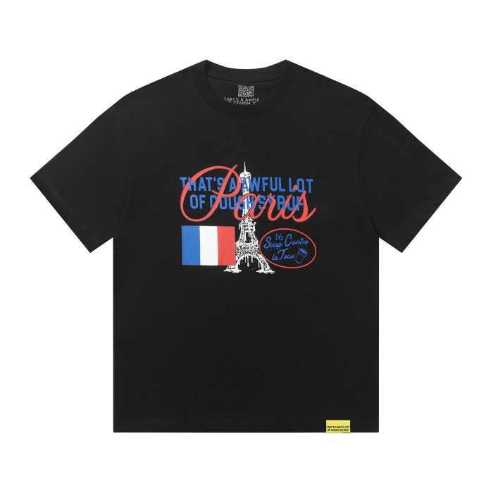 Eiffel Tower France Flag Travel Stamp Graphic Front Large Bold Blue Stacked Letter Tee 2 colors 29290156