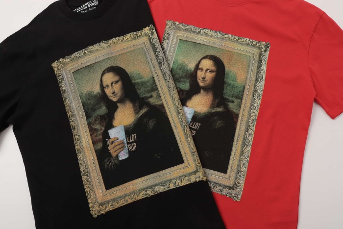 Framed Parody Mona Lisa Holding Syrup Cup Front Bold Gold Stacked Slogan Print Tee 2 colors 29290152