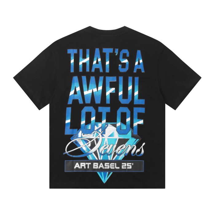 Art Basel 25 Limited Blue Water Wave Gradient Letter Diamond Sevens Back Script Overlay Text Tee 3 colors 29290138