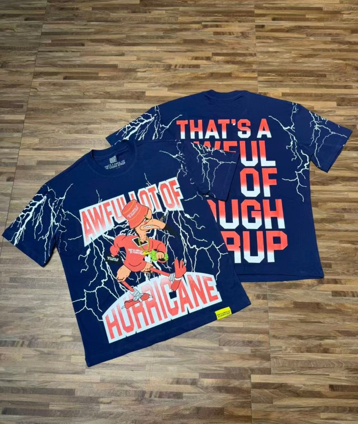 Full Sleeve White Lightning Hurricane Cartoon Bird Front Gradient Stacked Full Slogan Print Tee 2 colors 29290161