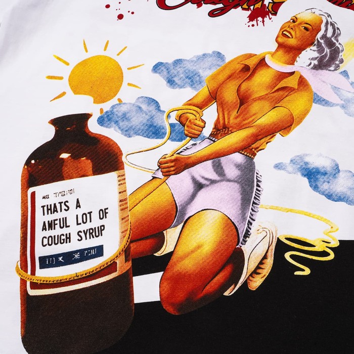 Pin-Up Lady Syrup Bottle Front Red Graffiti Overlay Stacked Letter Back Print Tee 29290078