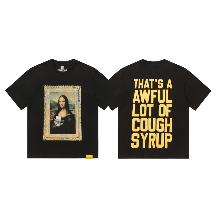 Framed Parody Mona Lisa Holding Syrup Cup Front Bold Gold Stacked Slogan Print Tee 2 colors 29290152