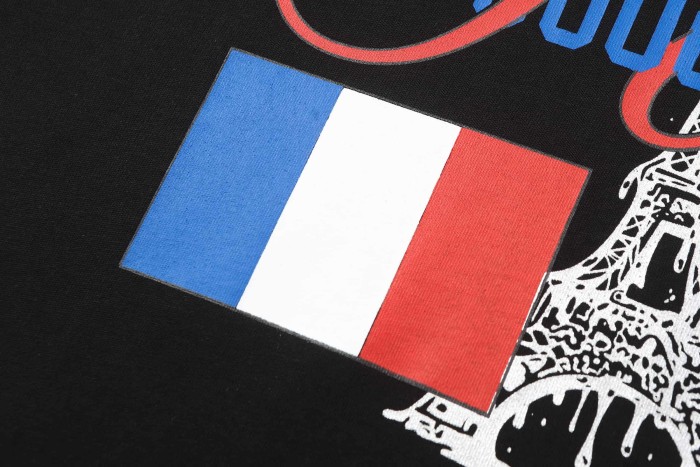 Eiffel Tower France Flag Travel Stamp Graphic Front Large Bold Blue Stacked Letter Tee 2 colors 29290156
