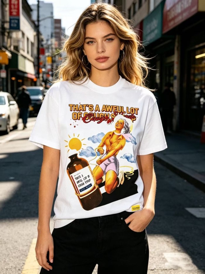 Pin-Up Lady Syrup Bottle Front Red Graffiti Overlay Stacked Letter Back Print Tee 29290078