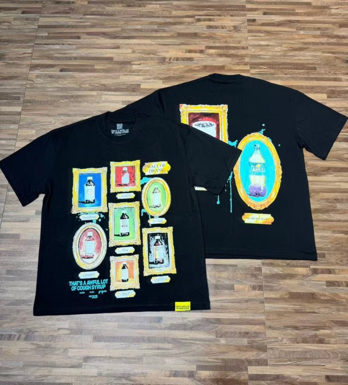Art Gallery Street Vintage Ornate Frame Syrup Bottle Collage Print Front Dual Frame Splash Drink Cup Graphic Tee 2 colors 29302147