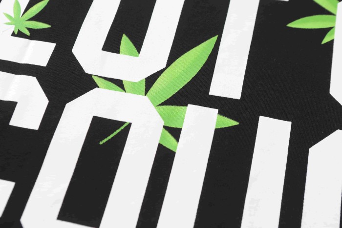Minimal Street Green Hemp Leaf Accent Horizontal Slogan Front Large Vertical Bold Segmented Letter Tee 2 colors 29302254