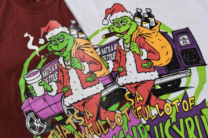 Christmas Hip Hop Cartoon Grinch Lowrider Car Graphic Front Bubble Outline Stacked Slogan Tee 2 colors 29302084