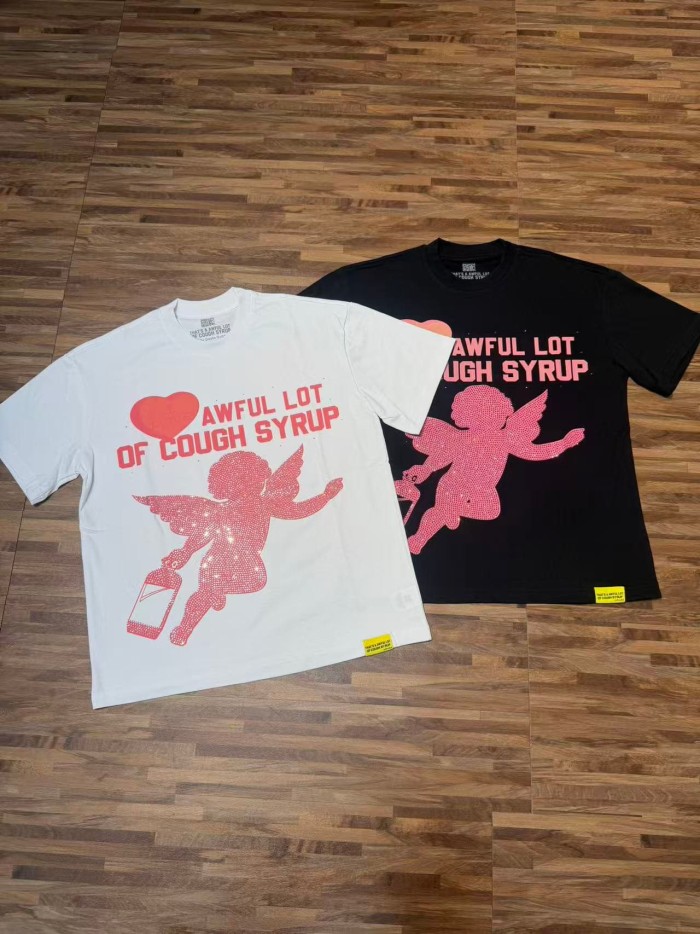 Romantic Street Rhinestone Dot Cupid Holding Syrup Bottle Heart Slogan Print Front Large Layered Stacked Bold Letter Tee 2 colors 29302161
