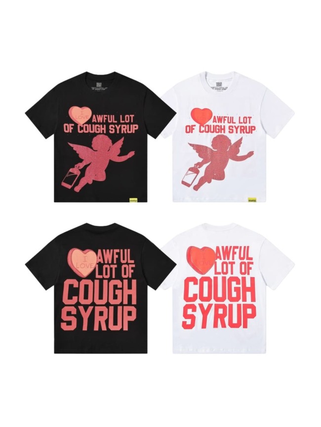 Romantic Street Rhinestone Dot Cupid Holding Syrup Bottle Heart Slogan Print Front Large Layered Stacked Bold Letter Tee 2 colors 29302161