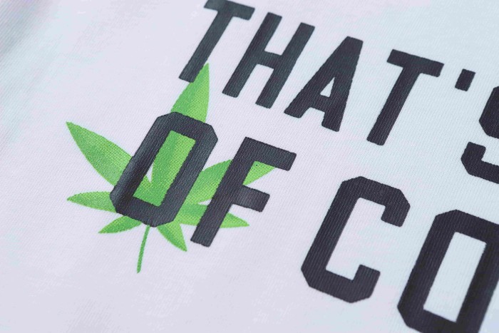 Minimal Street Green Hemp Leaf Accent Horizontal Slogan Front Large Vertical Bold Segmented Letter Tee 2 colors 29302254