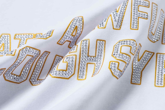 Luxury Hip Hop Rhinestone Mesh Texture Front Horizontal Slogan Back Framed Dollar Sign Records Logo Tee 29302196