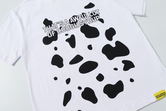 Street Irregular Cow Print Background Front Centered Horizontal Slogan Hollow Outline Stacked Letter Tee 2 colors 29302205