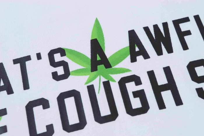 Minimal Street Green Hemp Leaf Accent Horizontal Slogan Front Large Vertical Bold Segmented Letter Tee 2 colors 29302254